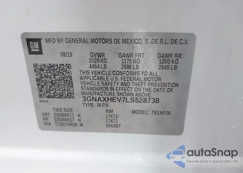 2020 Chevrolet Equinox Fwd Ls из США, поврежденный, VIN 3GNAXHEV7LS528738